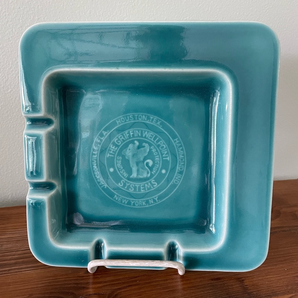Vintage Rookwood art pottery Mid Century Modern teal ashtray with advertising